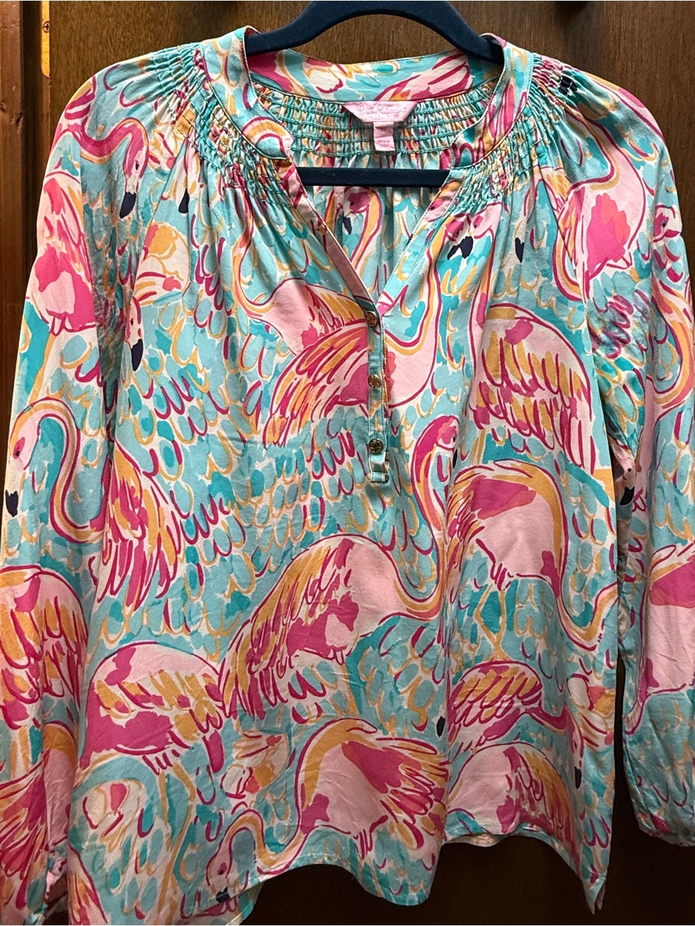 Lilly Pulitzer Pink & Teal Flamingo Print Tunic Blouse